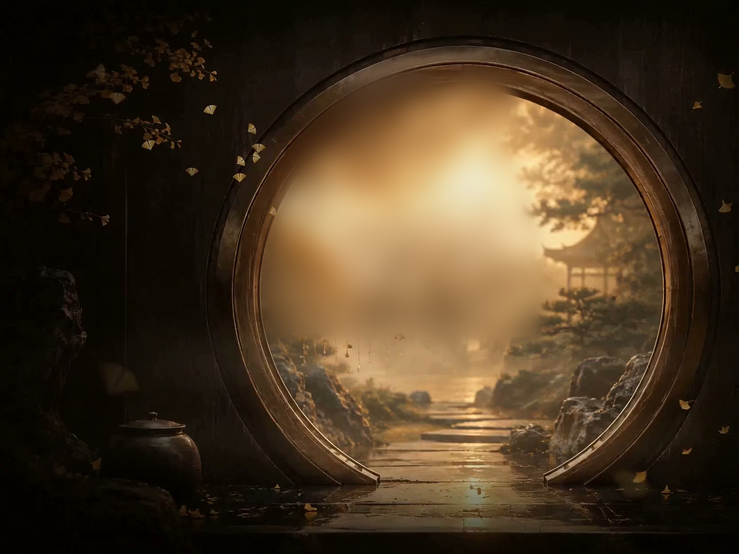 A round garden portal hung with golden ginkgo leaves, mist glowing beyond.